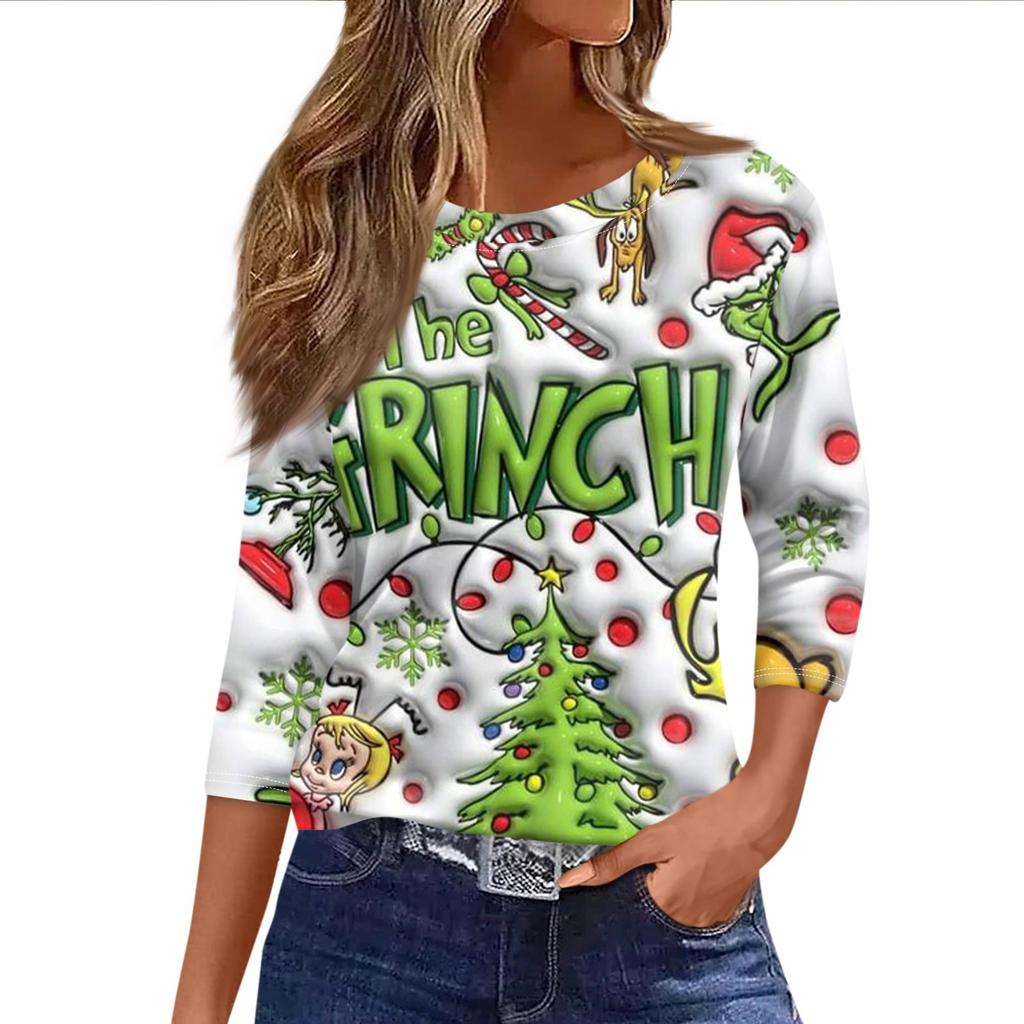 Damen Modisches Lässiges Dreiviertelarm Weihnachts-Print Rundhals-Top