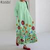 ZANZEA Women Casual Floral Print Loose Rouns Neck 3/4 Sleeve Long Dress
