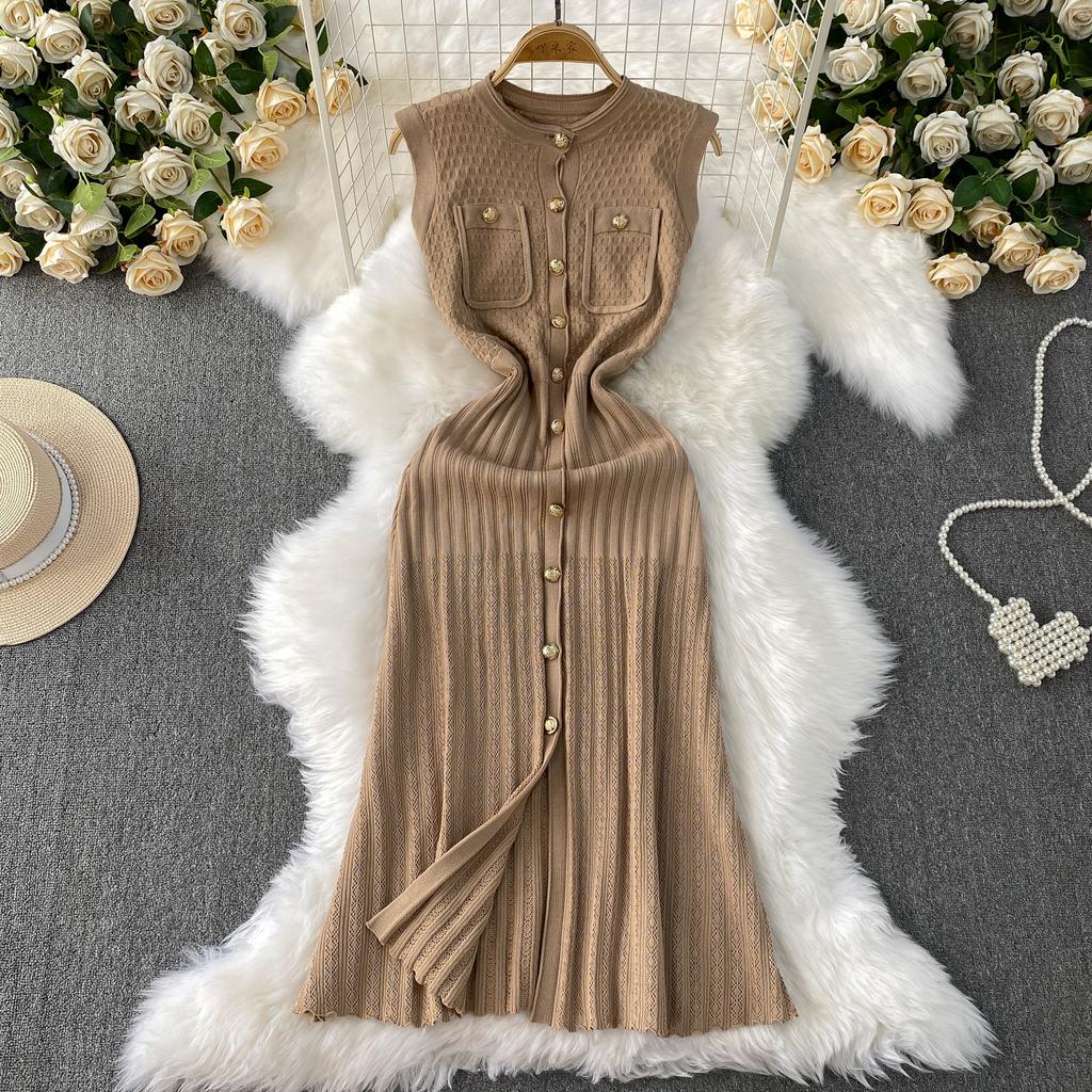 Summer Women O-neck Sleeveless Single Breasted Knitted Mid-calf Slim Tank Sweater Dresses