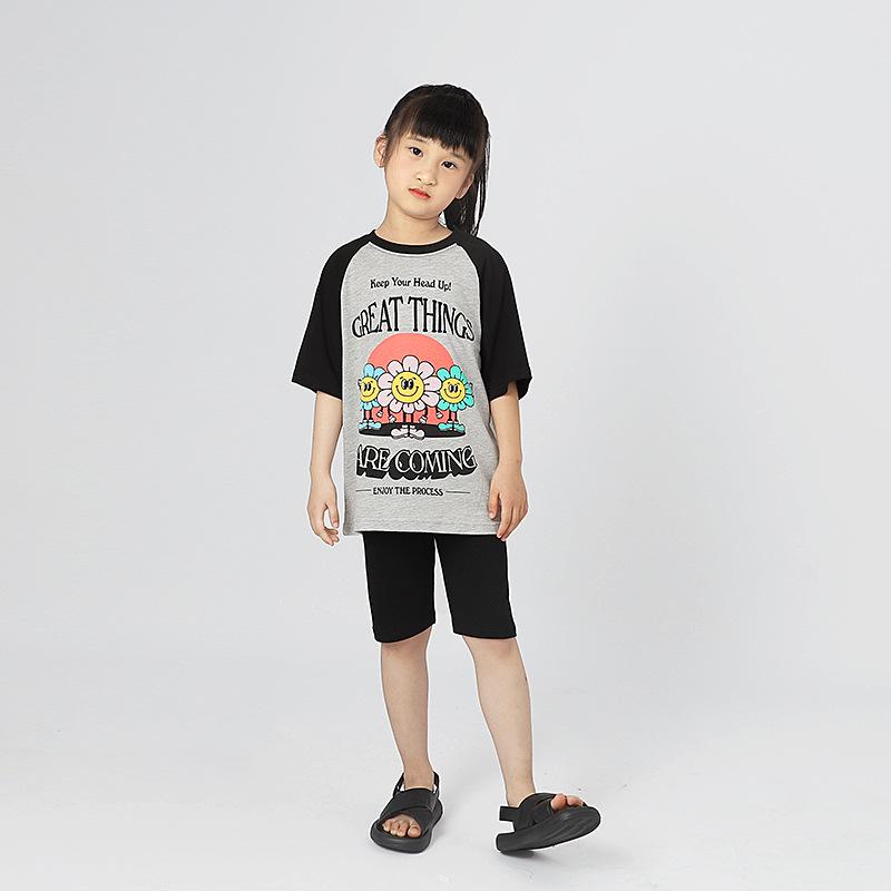 Korean Style Girls' Color Block Raglan Tee - Breathable Summer Short Sleeve Top
