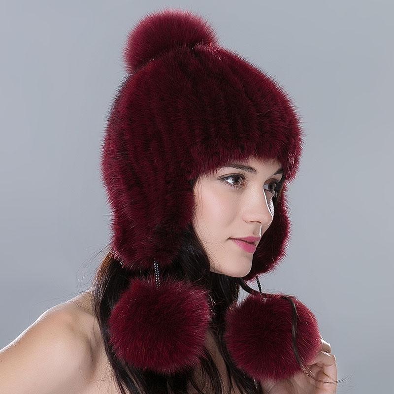 Winter Nerzfellmütze für Damen Echte Fellstreifen Gestrickte Beanie mit Fuchsfell-Bommel Ohrenklappenmützen Mit Ohrenschützern