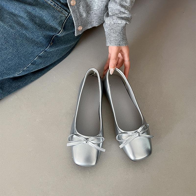 

Серебряные туфли-балетки с квадратной головкой и легким язычком на плоской подошве женские туфли 2025 года, французская юбка, туфли Мэри Джейн на весну 39 серебряный