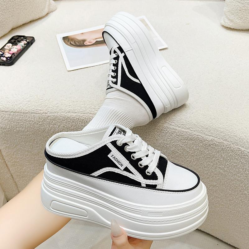 Fashion 2025 New Denim Platform Ladies Slippers Lace Up Chunky Sneaker Casual Comfy Breathable Autumn Bao Toe Shoes Zapatillas De Mujer