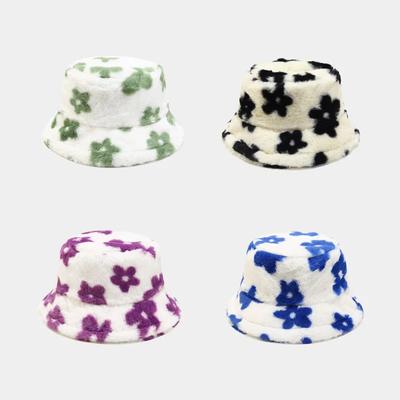 Leisure Plush Cute Bucket Caps with Little Print Flowers,Women Autumn Winter Stars Warm Fishmen Hat Thick Faux Fur Skullies Hats