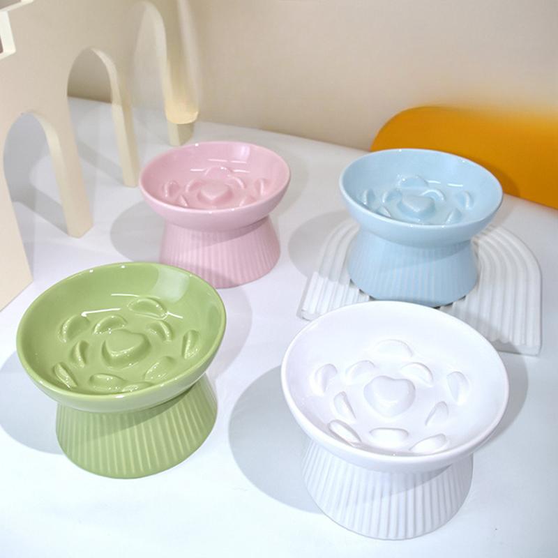 Ceramic Tall Footed Slow Eating To Prevent Choking Pet Bowls, Anti Overturning Oblique Mouth, Neck Protection, Dog Cat Bowl, 1Pc
