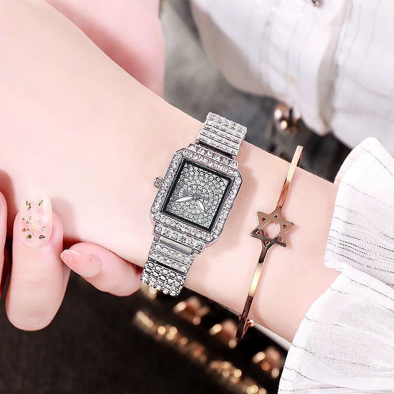 Women's Fashion Quartz Watch with Diamond-Inlaid Square Dial and Alloy Band.
