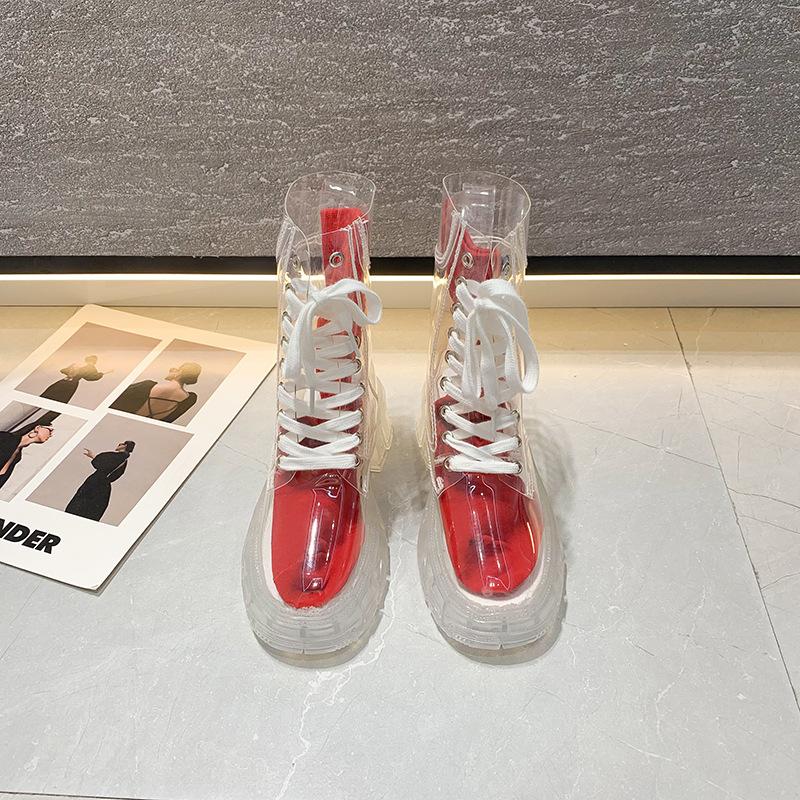 Fashion Women's transparent boots with round toe, thick sole, front lace-up, mid-calf, large size, with jelly socks