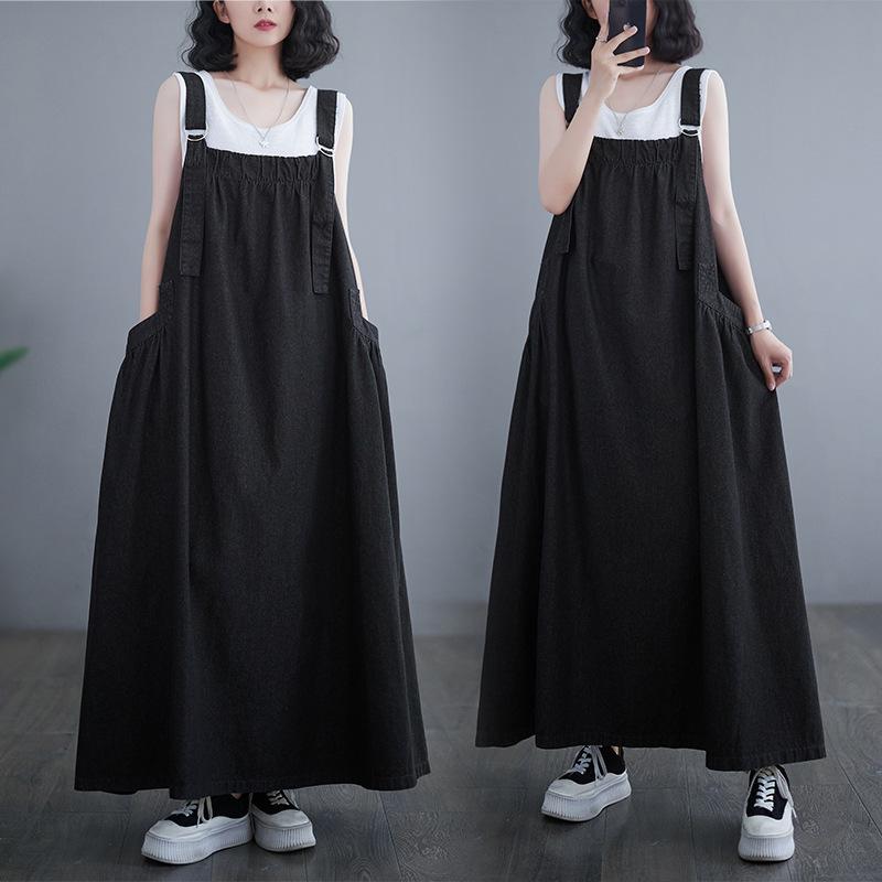 2026 Retro Denim Long Skirt Overalls – Spring, Summer, Autumn Collection L чёрный