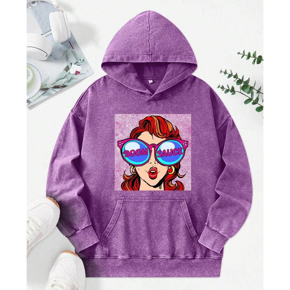 A Fashionable Ladies Wearing Sunglasses Print Women Washed Hoody Autumn Loose Streetwear Trendy Cotton Hoodie Top