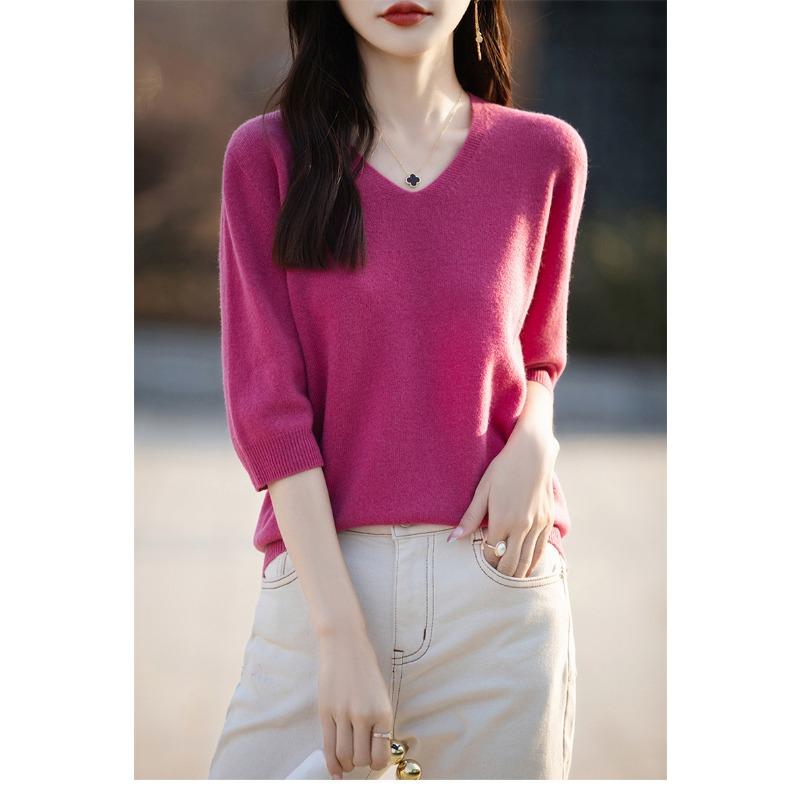 Women S Short Sleeve V Neck Solid Color Knit Pullover Top