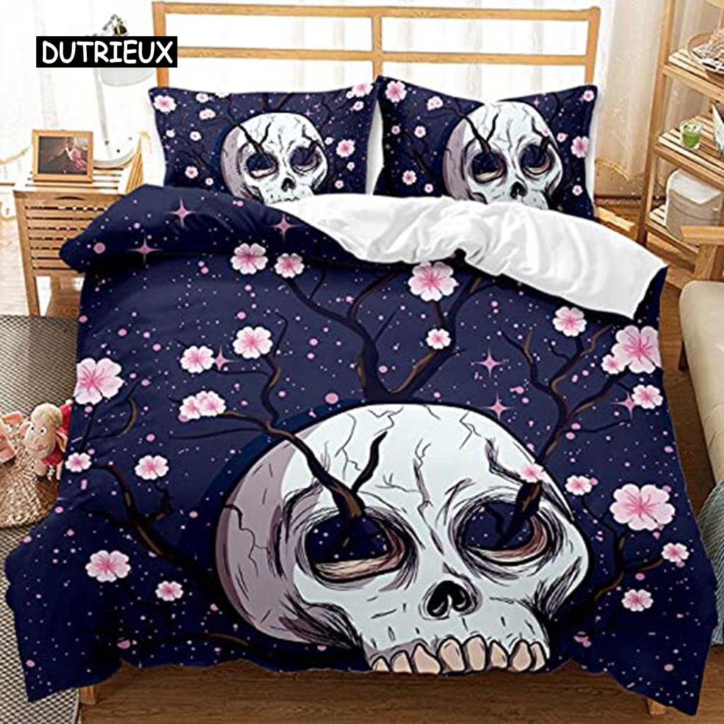 Bedding Set Colorful Skull Bedding Black Neon Skeleton Bed Cover 3 Piece Galaxy Duvet Cover Gothic Bedspread