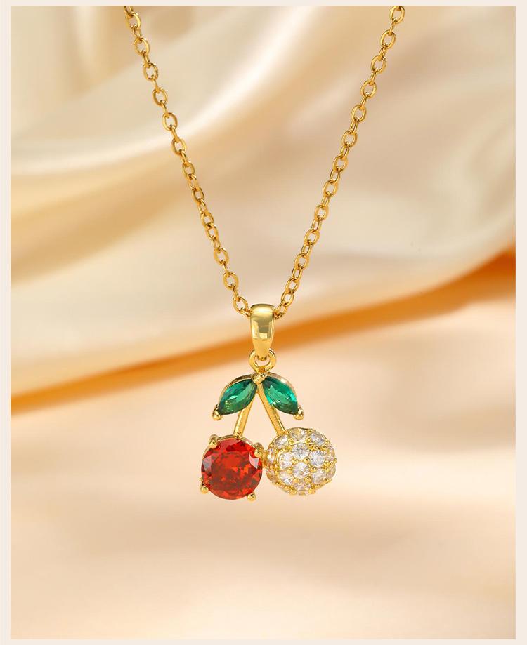 Delicate Red Cherry Pave Zirconia Pendant Necklace for Women, Fruit Summer Jewelry