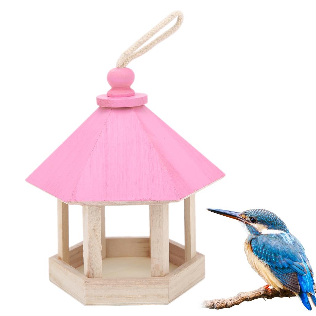 Wooden Bird Feeder Handmaking Outdoor Hanging Parrots Birdhouse Feeder with RoofPink