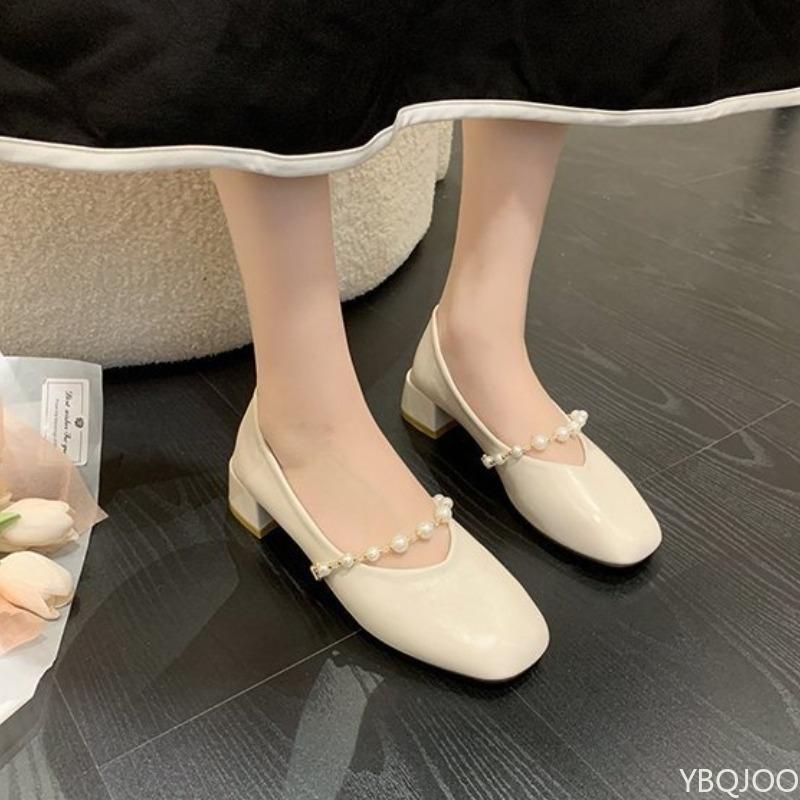 

Fangtou Женские Весенние Новые Туфли с Мелким Вырезом, Грубые, На Заказ, Повседневные, Универсальные, Простые, Удобные, На Каждый День 40 бежевый