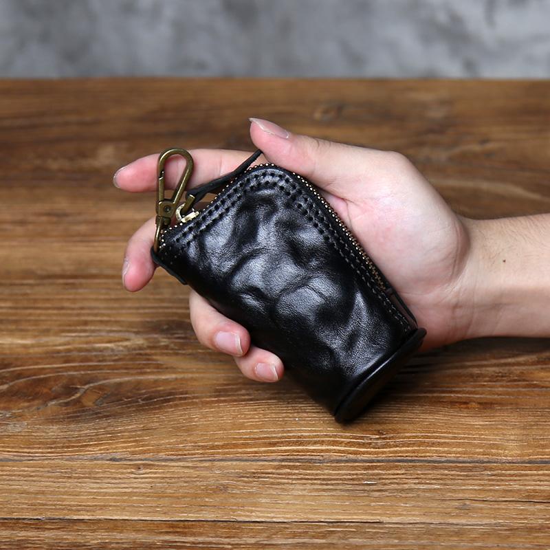 NZPJ Retro Genuine Leather Key Bag Natural Head Layer Cowhide Small Wallet Storage for Women Men Car Key Organizer