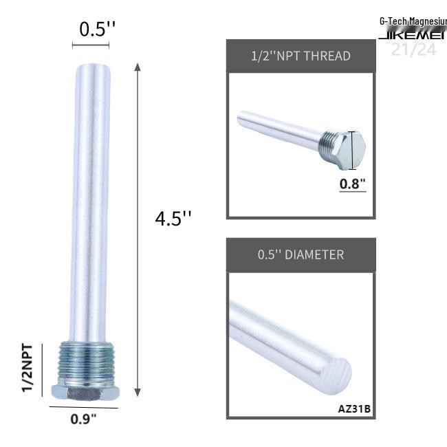 RV Water Heater Magnesium Anode Rod - NPT 1/2", Sacrificial Extruded Rod for Tank Protection