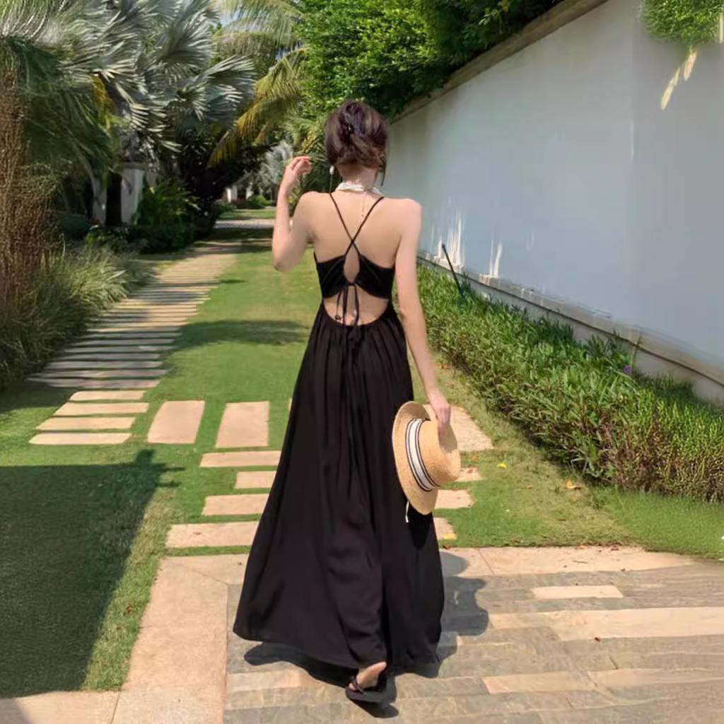 Beach skirt texture coffee break French Hepburn style seaside vacation neck dress women's summer new beach dress