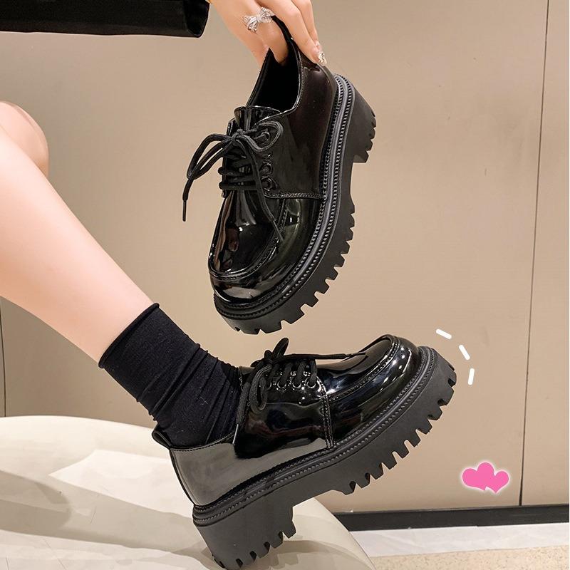 Small Leather Shoes Women's New Autumn Shoes Platform Lace-up Round Head Single Shoes Spring and Autumn Retro