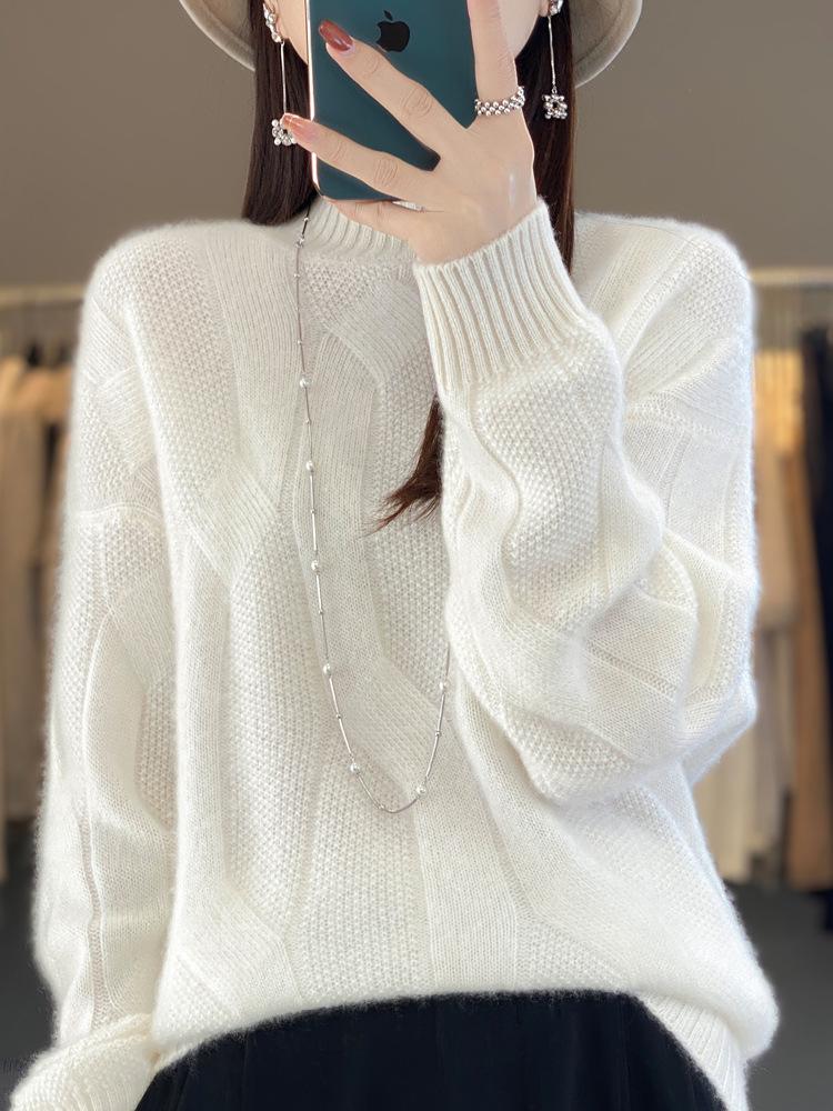 Women's Thickened Pure Wool Sweater - Half-High Collar, Full Body Cable Knit, Loose Fit, Versatile Drop Shoulder Design.