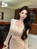 French Lace Knot V-Neck Dress: Women's Autumn/Winter Elegant Style, Patchwork Waist-Cinched Gown with Mermaid Skirt