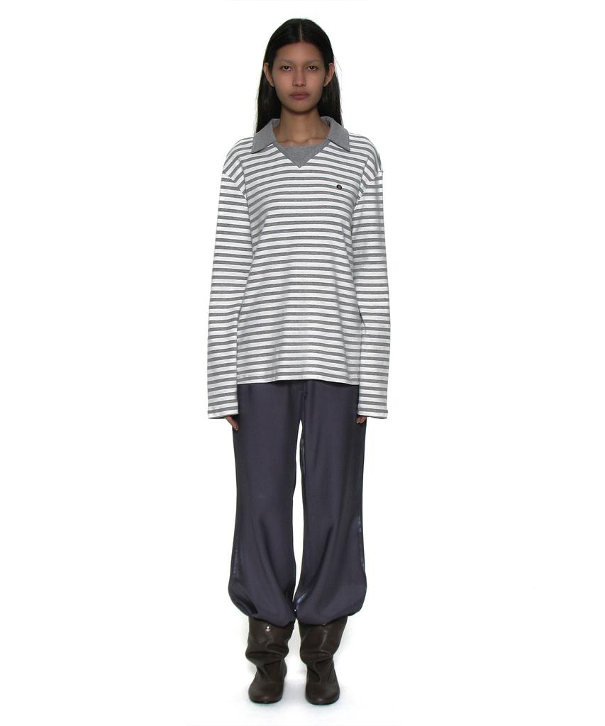 PARTIMENTO WOMEN Double Collar Stripe Long Sleeve Tee_Melange