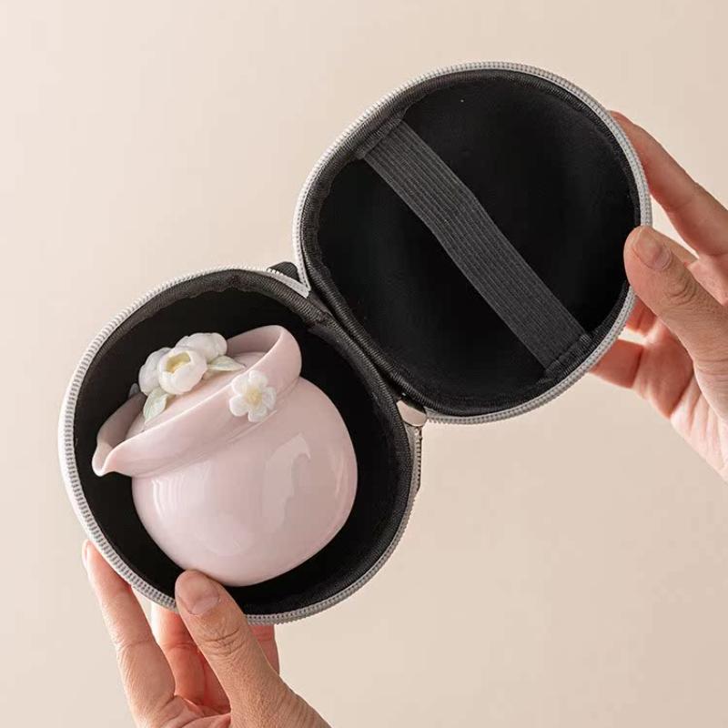 Pink Kneaded Flower Travelling Tea Set Outdoor Portable Bubble Tea with Storage Bag Kung Fu Tea Set Ladies Ceramic Snap Cups