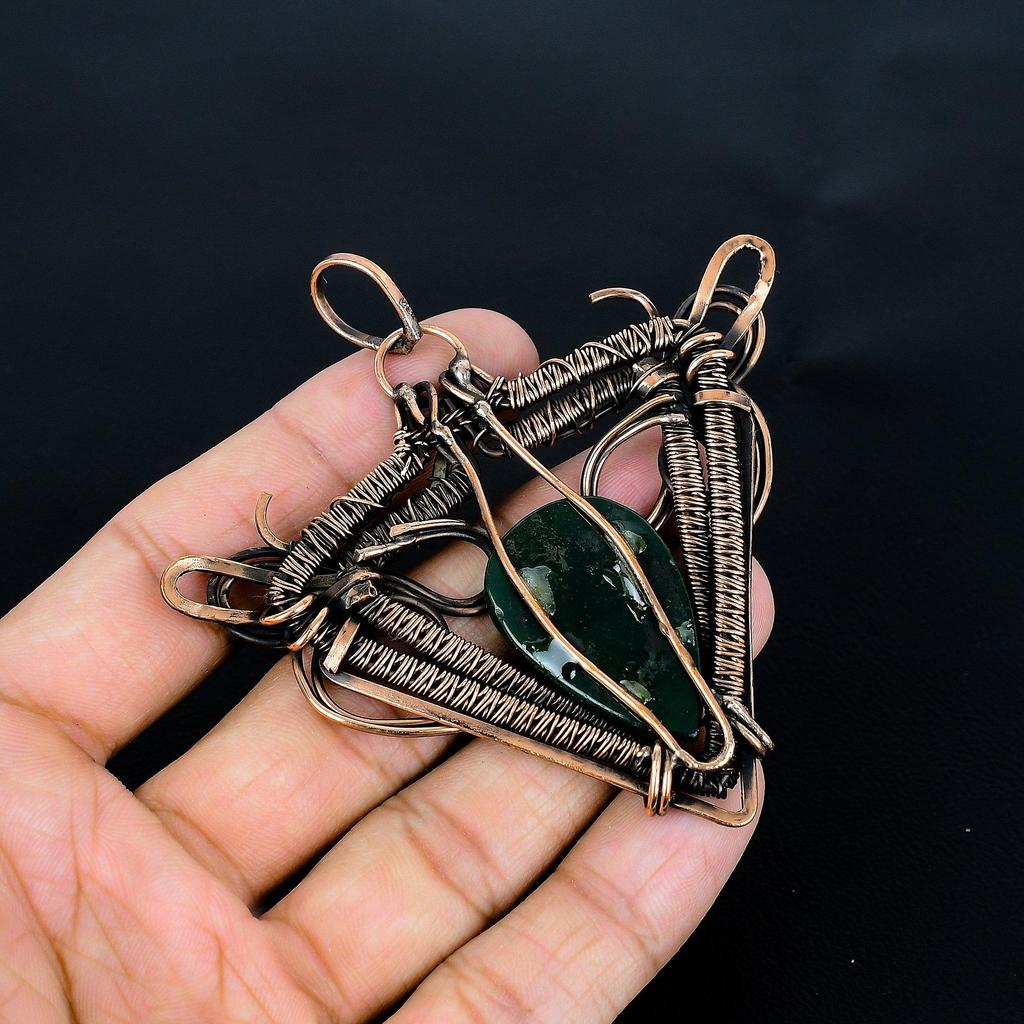 Green Zade & Moonstone Pendant, 999 Copper Wire Wrapped Gemstone Jewelry, Handmade Pendant, Gift For Love