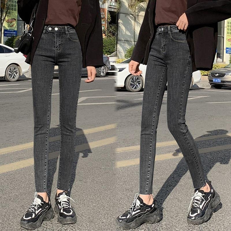 Černé a šedé džíny Dámské s vysokým pasem Zeštíhlující Nový korejský styl Nohavice ke kotníkům Univerzální Spodky