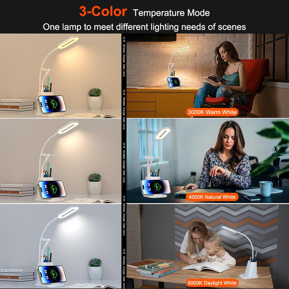 4-in-1 Multifunktionale Kabellose Ladestation Schreibtischlampe mit Stifthalter 15W Schnellladefunktion für Handy für Büro Alltag