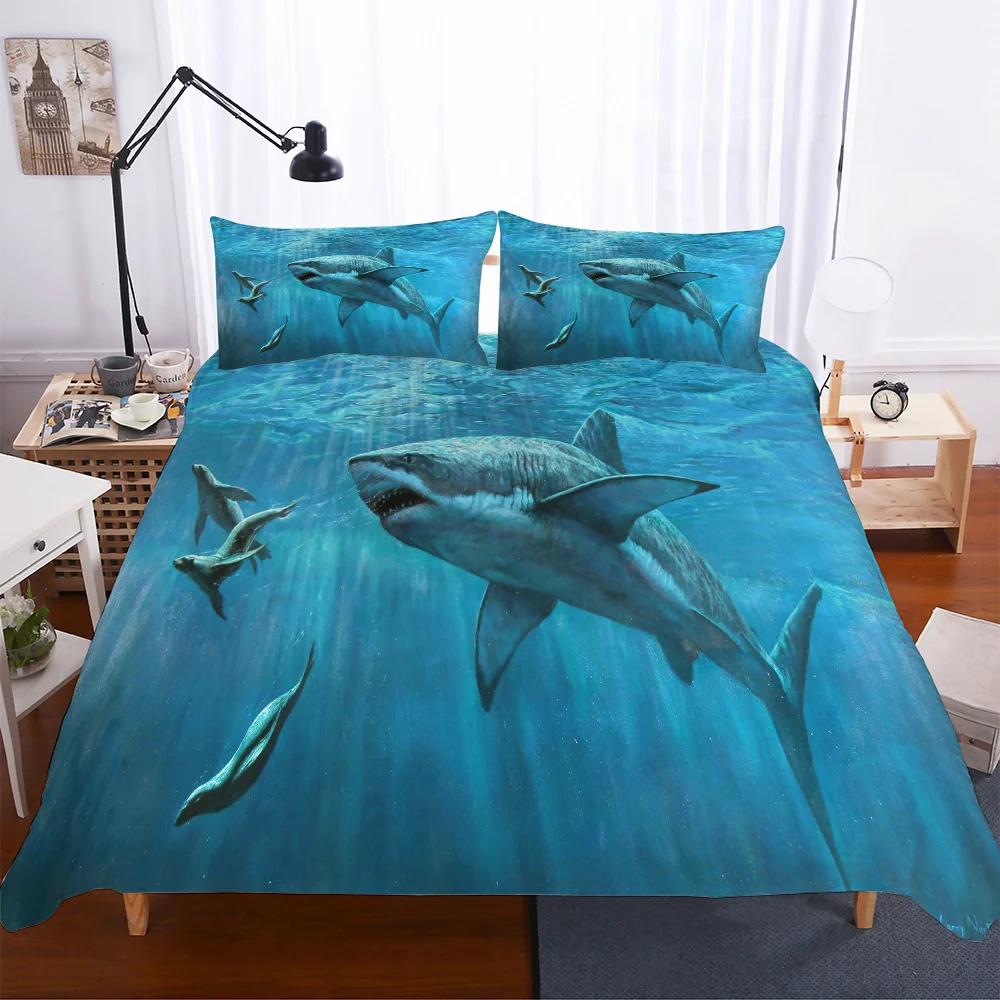 Silné Povlečení Pro Žraloka Oceán 3D Tisk Měkký Povlak Na Peřinu Povlaky Na Polštáře Černobílé Sady Povlečení Ropa De Cama Evropské Rozměry 2/3ks