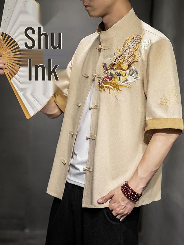 Men's Retro Dragon Embroidery Shirt with Frog Buttons - Casual Short Sleeve, Plus Size