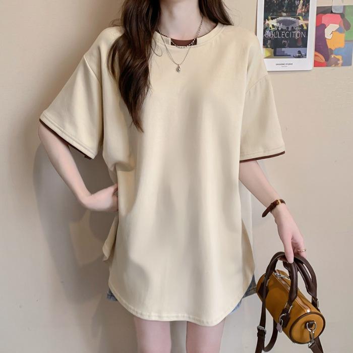 

[100% pure cotton/rear bag collar] Contrasting color splicing fake two-piece design pure cotton medium and long T-shirt women s irregular top 2XL абрикосовий
