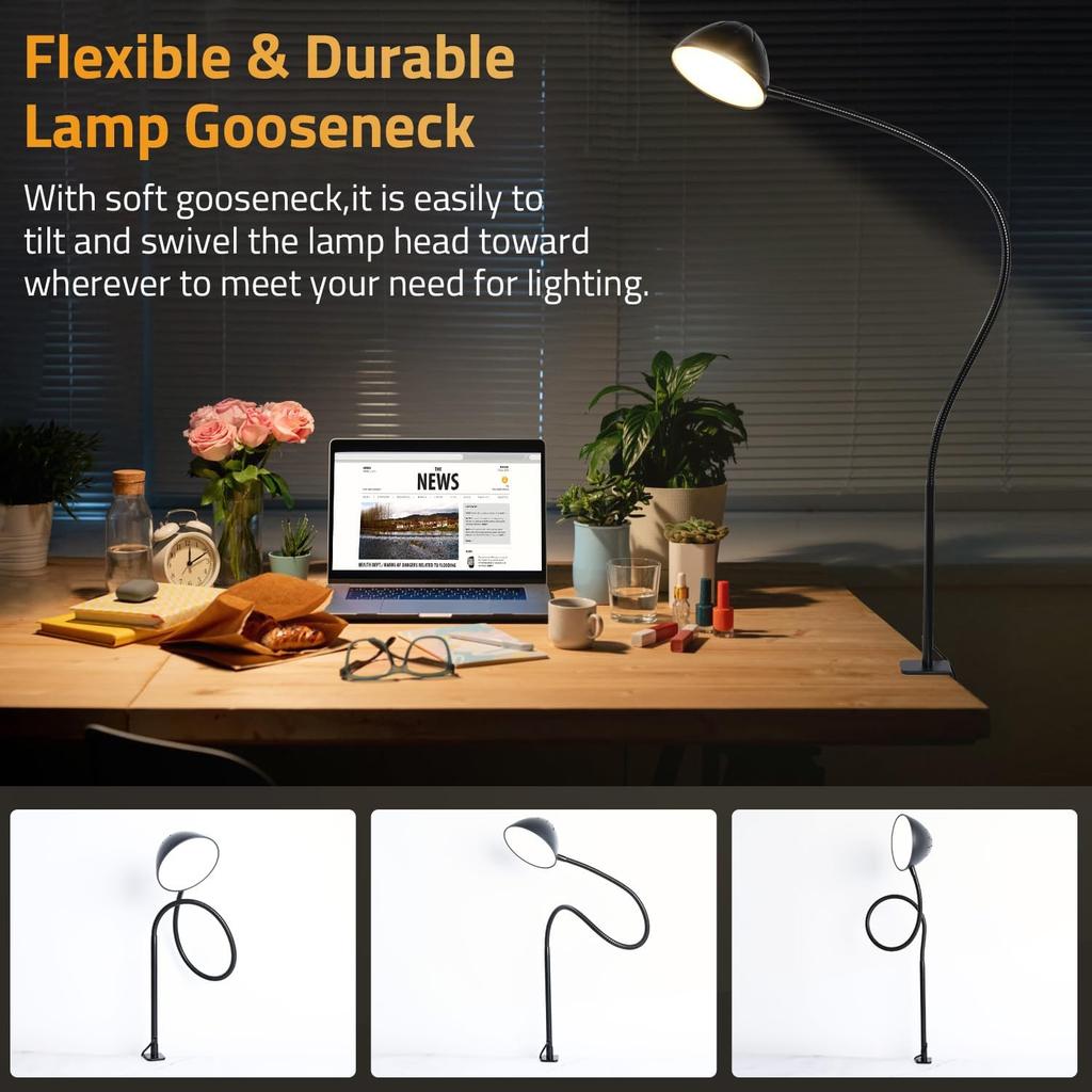 Clamp Lamp, Clip on Lamp, Desk Lamp with Clamp, 10W, 1100 LMS, 3 Color Modes, 10 Brightness Levels, 31 Inches Long Flaxible Gooseneck, Perfect for