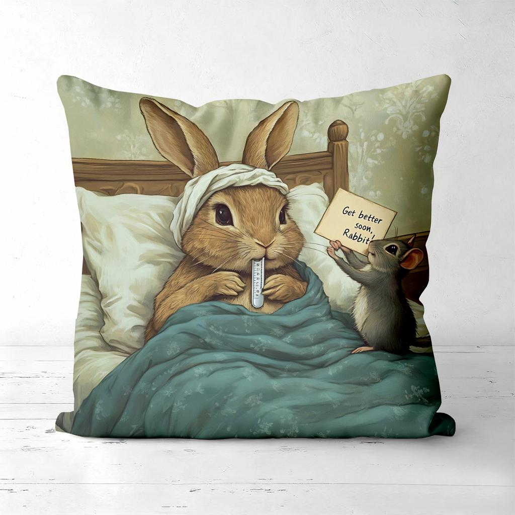 Vintage Rabbit Print Throw Pillow Covers Polyester Sofa Decorative Cushion Cov Headboard Pillow (Without Pillow Core