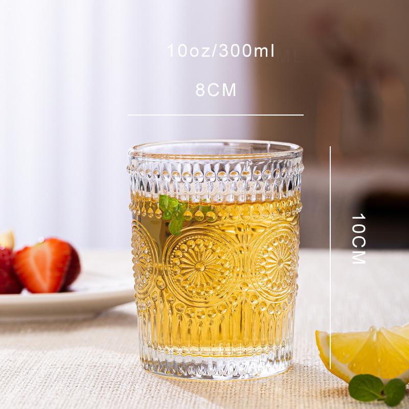 

PINNY 300ML 350ML Scandinavian Style Embossed Sun Flower Glass Mug Transparent Round Drink Wine Milk Glass Cup Vintage Drinkware 301-400ml