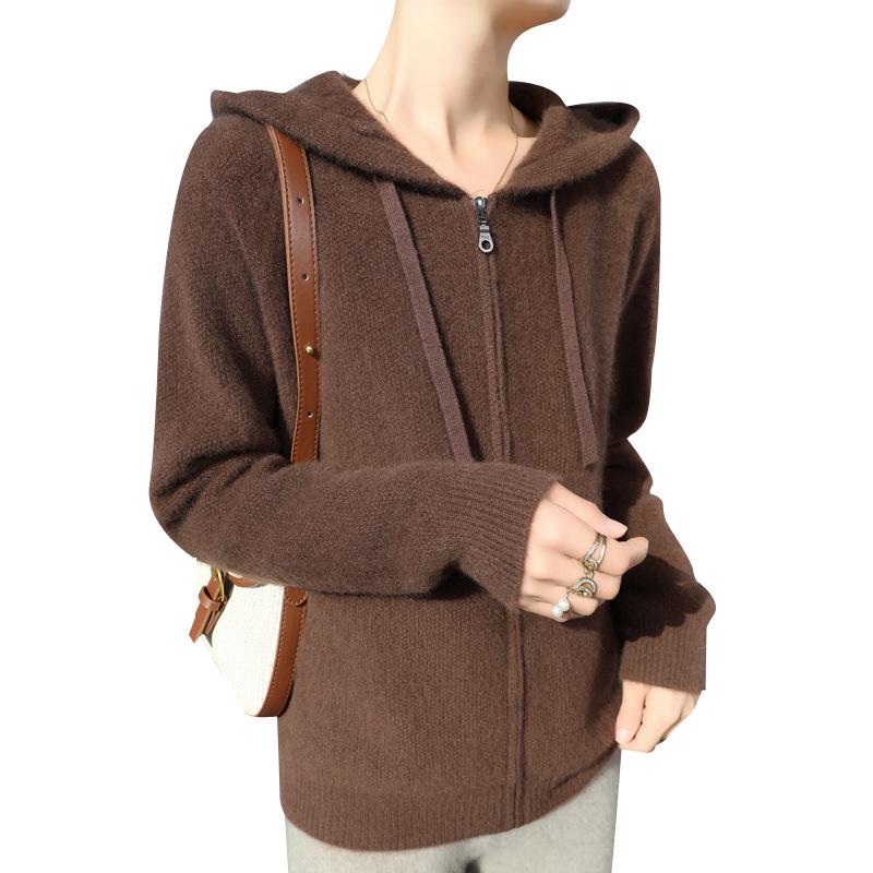 Women's Hooded Wool Knit Cardigan - Autumn & Winter Loose Fit Zipper Sweater Fashion Jacket