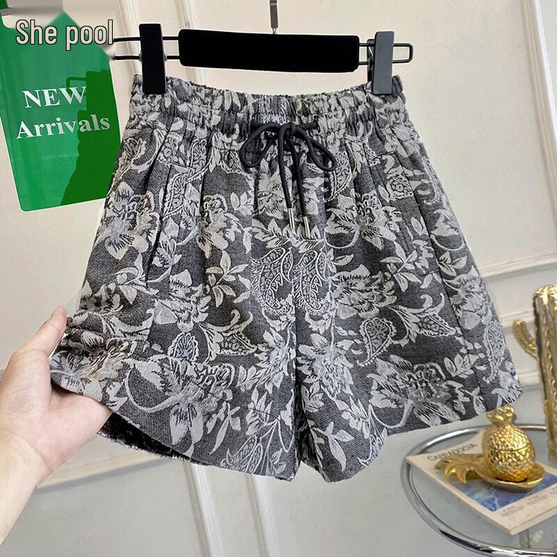 Women s Chinese Print High-Waist Wide-Leg Drawstring Shorts S