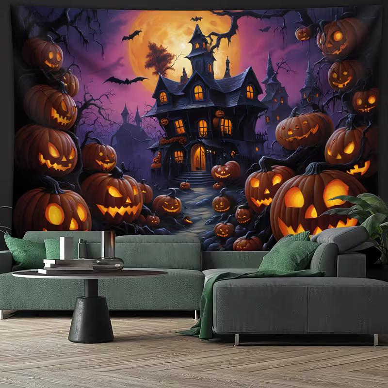 2D Creepy Halloween Tapestry Haunted Mansion with Bats Wall Hanging