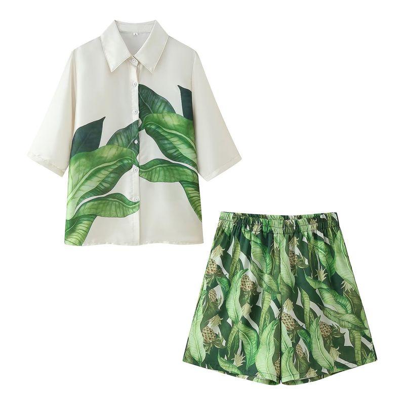 Kaslead New Arrival Women's Fashion Style Lapel Short Sleeve Satin Print Shirt Casual Shorts Suit