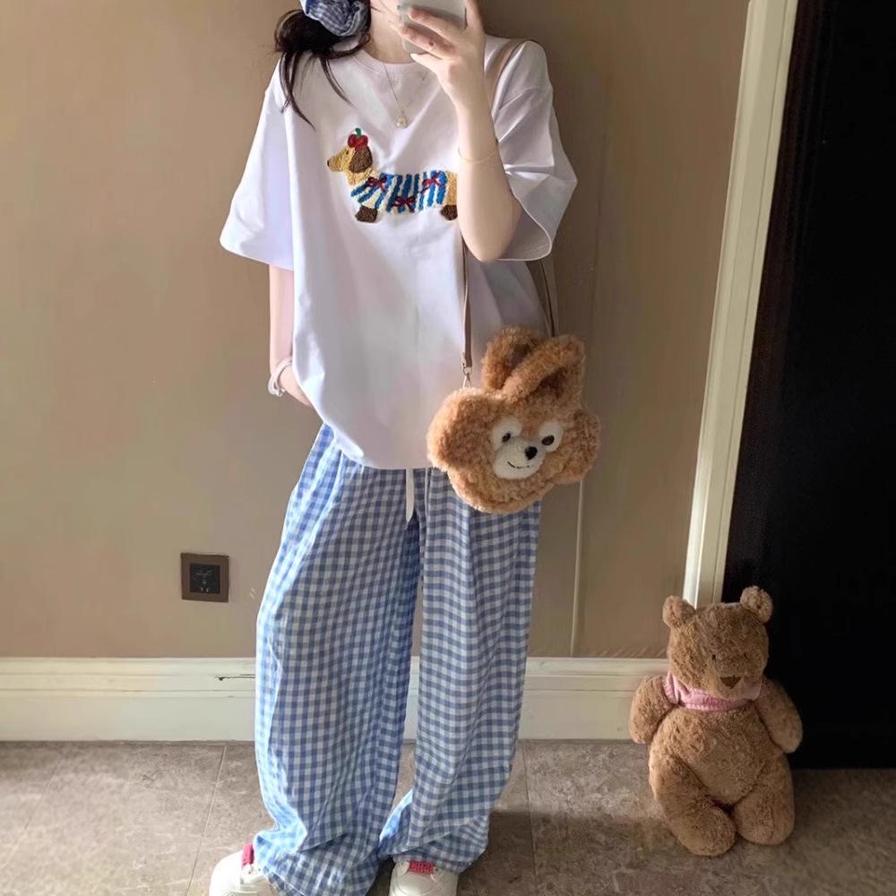 Girlish Dopamine Blue Plaid Women's Summer Wide-Leg Pants - Lazy Casual Yamamoto Style.