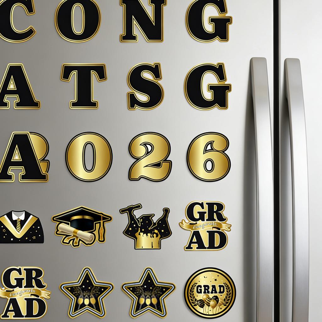 22Pcs Black-Gold Magnetic Fridge Stickers Graduation Party Decor for Classroom Refrigerator