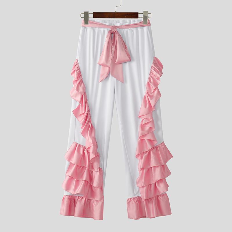 INCERUN Męskie spodnie typu bandage z elastycznym pasem i falbaną, długie, haremowe