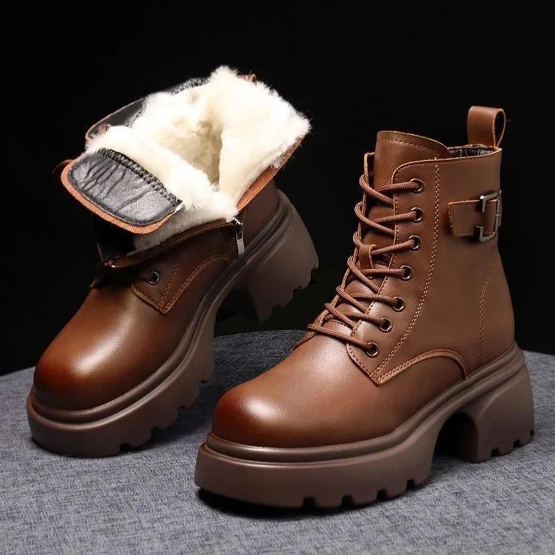 Snow Boots Women's Winter Genuine Leather Wool Cotton Boots Thick Soled Short Boots Warm Cotton Shoes