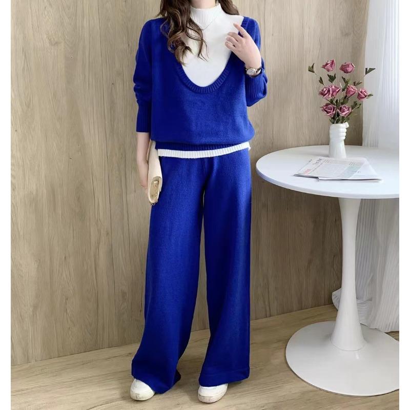 Fake Two-piece Set for Women's Autumn and Winter New Loose Large-size Casual Style Wide-leg Pants Knitted Sweater Set