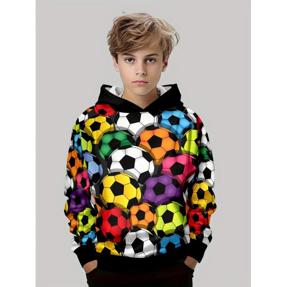 Boys' 3D Soccer Ball Harajuku Print Hoodie Casual Polyester Long Sleeve, Slight Stretch, Hooded Outdoors Sweatshirt for Running