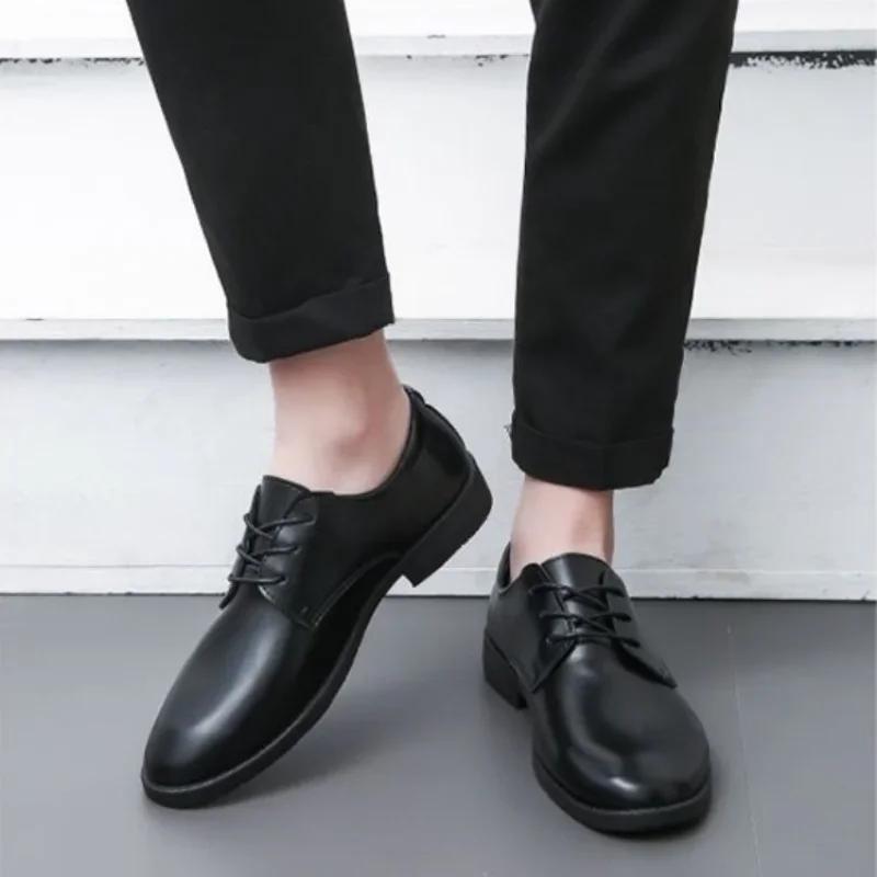 FashionRound Toe Office Social Shoe for Men Leather Casual Dress Shoes Man Black 2024 Style Legitimate Suit Elegant and Classic New 39