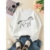White Horse Outline Design | 2026 New Girls' Long-Sleeve Casual Crewneck Sweatshirt | Suitable For Outdoor Sports And Everyday Wear