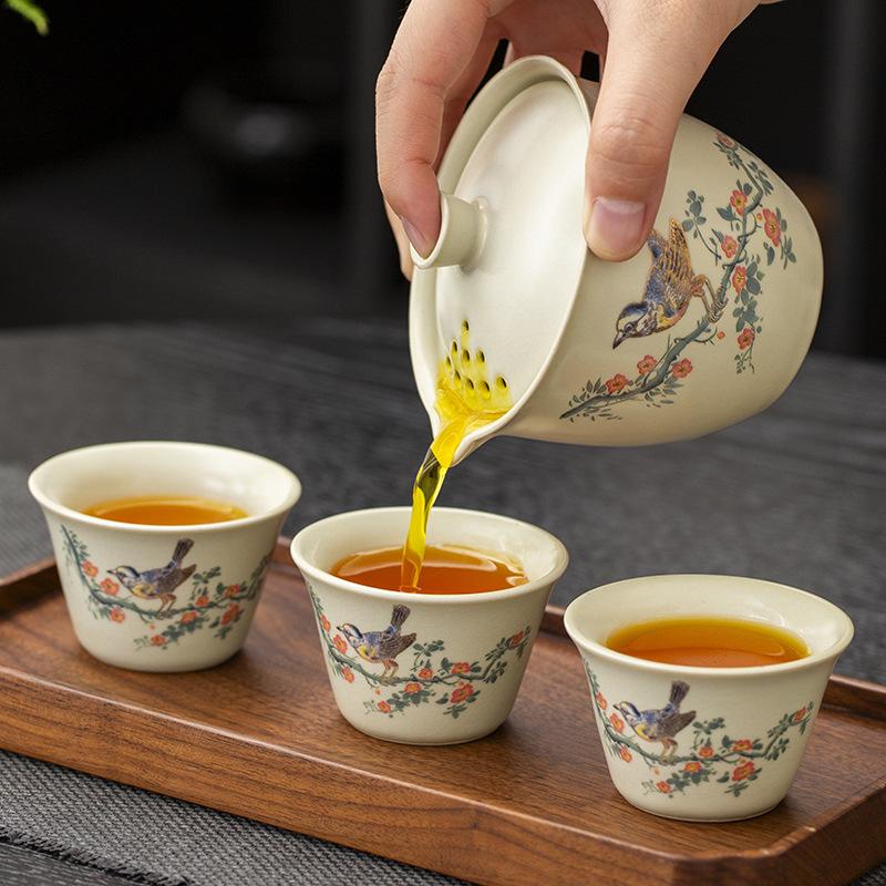Beige Ru Kiln Jubao Gai Bowl Xi Persimmon Cute Cat Hand Painted Tea Ceramic Kung Fu Tea Set Household Single Tea Bowl