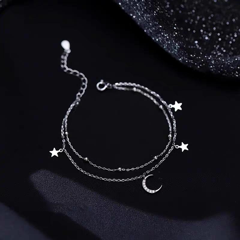 S925 Sterling Silver Double Layer Star & Moon Bracelet - Exquisite Women s Design, Versatile Gift 925 Silver белого золота