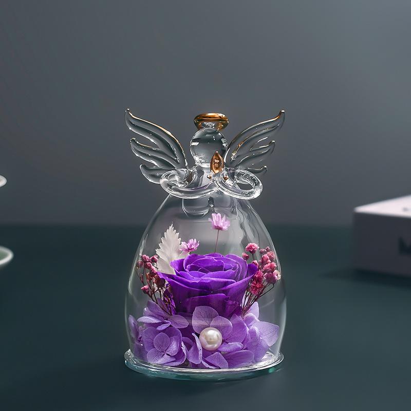 Szklana Kopuła z Aniołem i Zachowanymi Różami - Wieczne Kwiaty Zestaw Prezentowy na Walentynki, Dzień Matki, Boże Narodzenie, Święto Dziękczynienia, Ukończenie Szkoły